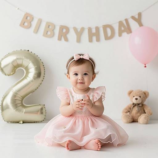 Photograph of a cute baby girl in a pink dress and bow, sitting with hands clasped, 