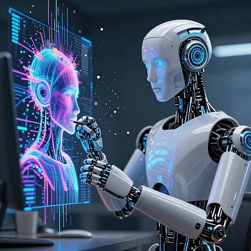 Photorealistic CGI of a white humanoid robot with glowing blue eyes, interacting with a neon blue and pink holographic female avatar on a futuristic computer screen