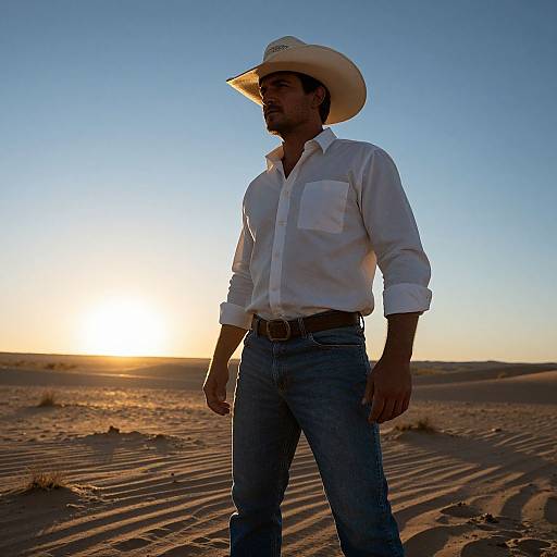 Photograph of a bearded man in a white shirt and cowboy hat, standing in a desert at sunset, with sand dunes and golden sunlight in