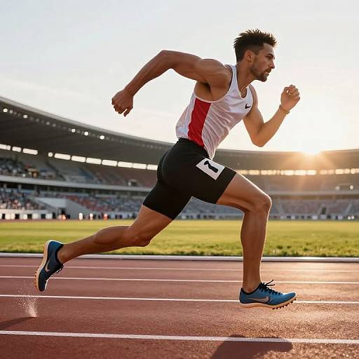 Photograph of a muscular male runner with dark skin, short black hair, wearing a white-red sleeveless top, black shorts, and blue sneakers,