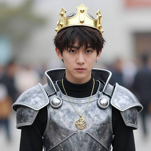Photograph of an Asian young man with black hair, wearing a gold crown, silver armor, black turtleneck, and gold necklace, standing in
