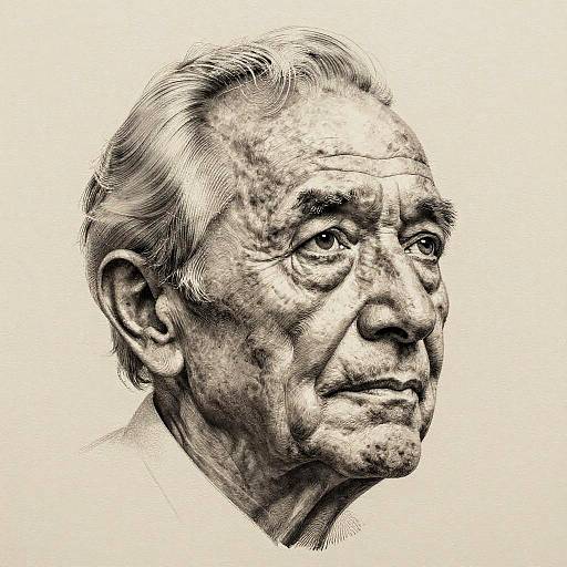 Detailed black-and-white pen drawing of an elderly man with wrinkled skin, white hair, and a serious expression, facing slightly right.