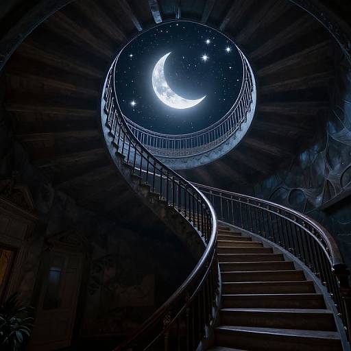 Photograph of a spiral staircase ascending to a circular balcony with a glowing, starry night sky and crescent moon above.