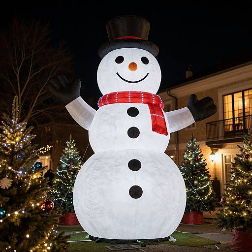Nighttime photograph of a brightly lit, inflatable snowman with a black top hat, red scarf, black buttons, and smiling face, surrounded by decorated