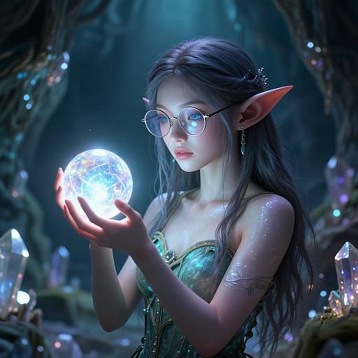 Digital fantasy art of an elf woman with long black hair, glasses, and pointy ears, holding a glowing crystal in a mystical forest.
