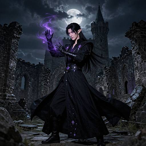Digital illustration of a dark-haired, elf-like mage in a black, flowing robe, conjuring purple magic under a full moon in a ruined, go