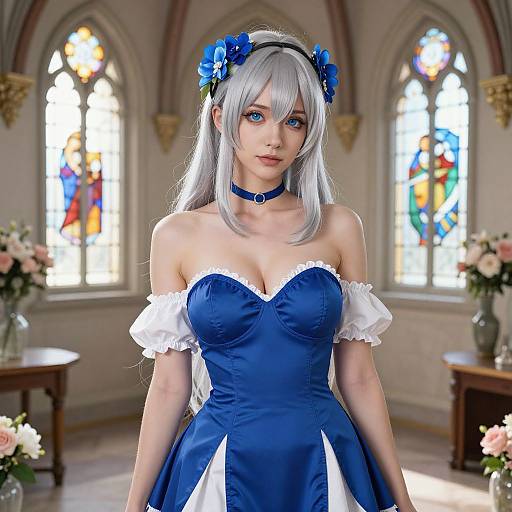 Digital artwork of a beautiful anime-style woman with silver hair, blue eyes, blue dress with white sleeves, blue choker, and flower crown, standing