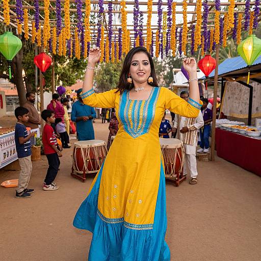 Photograph of a smiling Indian woman in a yellow and blue traditional dress, dancing in a festive market with colorful garlands, drums, and children in