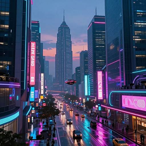 Neon-lit, futuristic cityscape at dusk. Tall skyscrapers with vibrant pink, blue, and purple signs line the wet, reflective street