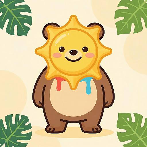 Cute digital cartoon of a brown bear wearing a yellow star-shaped hat with red and blue drips, set against a white background with green monst