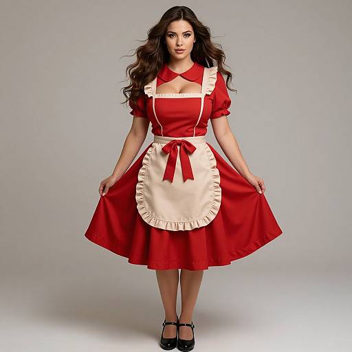 Elegant Woman in Red Dress and Apron