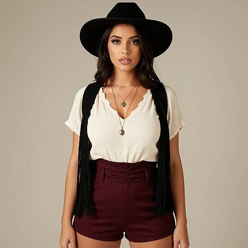 Photograph of a young woman with long black hair, wearing a black hat, white lace top, and high-waisted brown shorts, against a