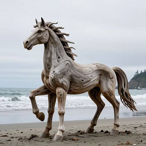 Digital artwork of a wooden, lifelike horse with textured grain and knots, galloping on a stormy beach with waves and overcast sky
