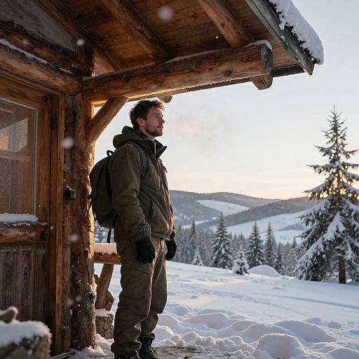 Photograph of a bearded man in a green winter jacket standing under a snow-covered wooden cabin, gazing at a snowy mountain landscape at sunset.