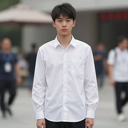 Photograph of a young Asian man with short black hair, wearing a crisp white long-sleeve shirt and black pants, standing outdoors with a blurred