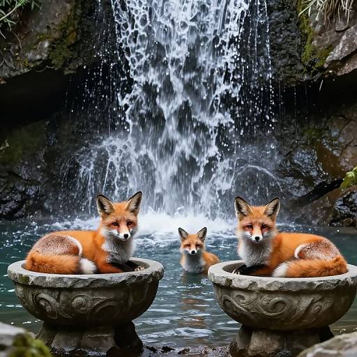 Photograph of three red foxes lounging in ornate stone basins, with a cascading waterfall in the background. Foxes' vibrant orange
