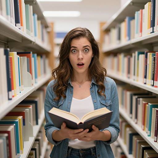 Photograph of a surprised young woman with long brown hair, wearing a denim jacket and white top, holding an open book in a brightly lit library aisle