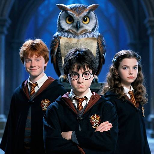 Fantasy Young Wizards with Owl in Magical Setting