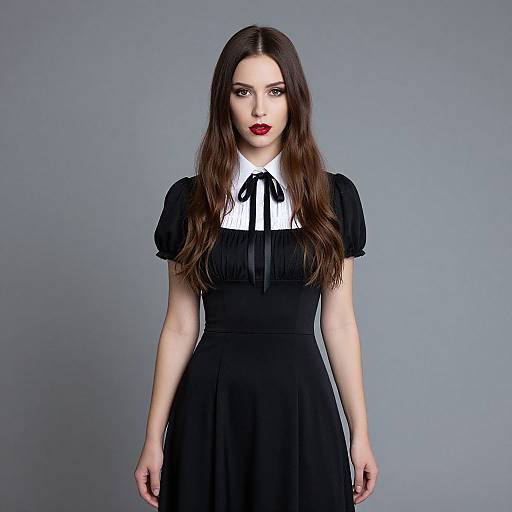Photograph of a pale-skinned woman with long brown hair, wearing a black dress with white collar and black bow, against a plain gray background.