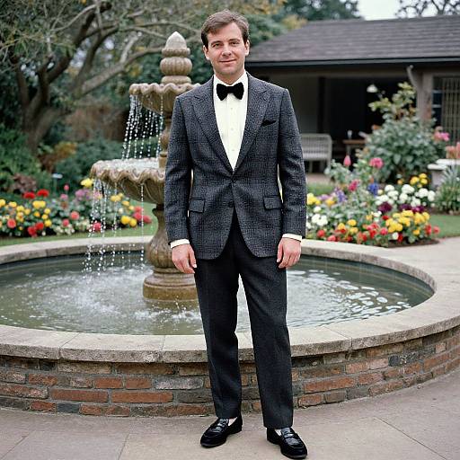 Photograph of a young man in a black checkered tuxedo, black bow tie, white shirt, standing in front of a circular brick fountain