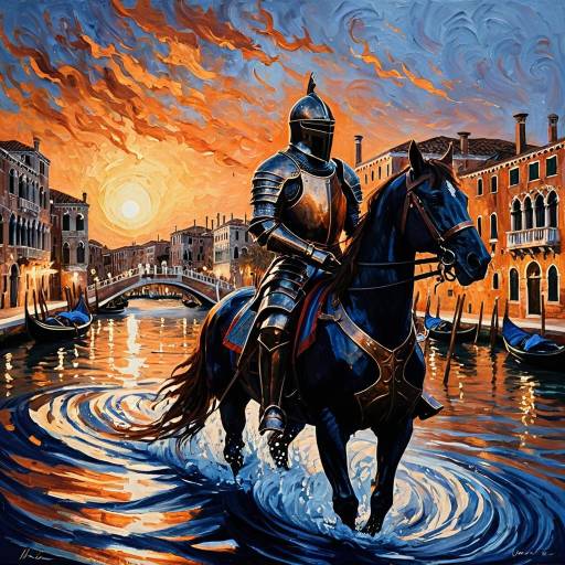 Bronze Knight on Horse in Venice Canal Sunset