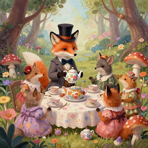 Whimsical painting of anthropomorphic foxes in a colorful forest, wearing Victorian attire, having tea around a floral table, surrounded by mushrooms and flowers