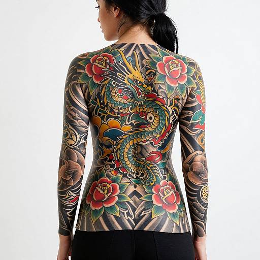 Photograph of a woman with black hair, facing away, wearing a long-sleeve, vibrant, full-back dragon and rose tattoo shirt.