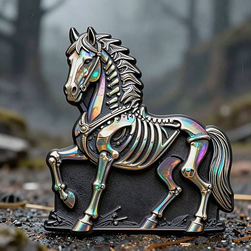 Photograph of a highly detailed, metallic, iridescent horse sculpture with glowing blue eyes, standing on a black textured base in a misty forest