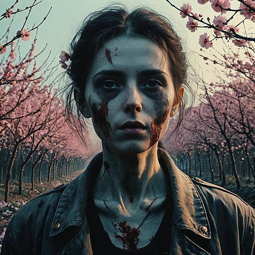 Dystopian Woman with Blood Stains in Sakura Orchard
