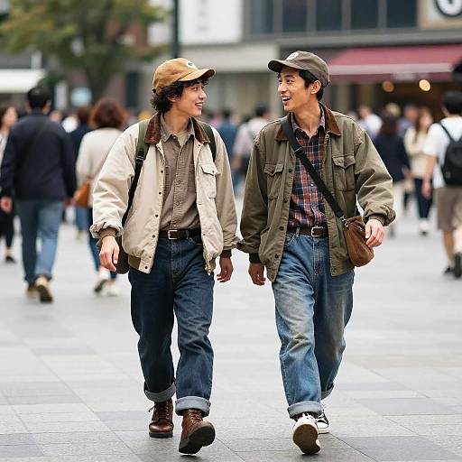 Photograph of two smiling Asian men in casual outdoor attire, walking hand-in-hand in a bustling city street, surrounded by blurred pedestrians.