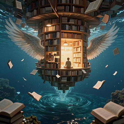 Digital art: Floating, winged bookshelf with glowing window, silhouette of person reading, surrounded by open books and water below.
