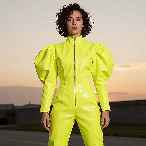 Photograph of a curly-haired woman in a vibrant, neon yellow, puffed-sleeve latex jumpsuit, standing outdoors at sunset with a gradient