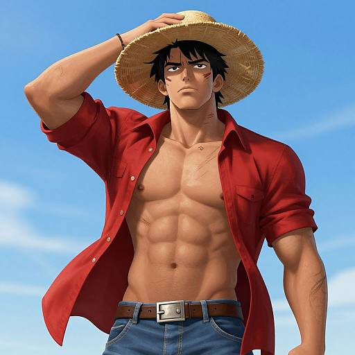 Digital anime-style drawing of a muscular, shirtless man with black hair, wearing a red unbuttoned shirt, blue jeans, and a straw hat