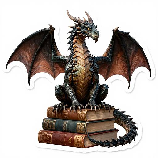 Digital illustration of a black dragon with red-tinted wings and golden scales, sitting on two ornate, stacked books against a white background.