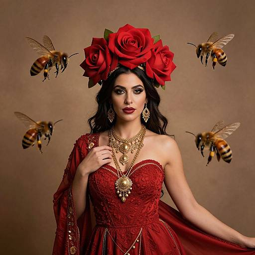 Photograph of a dark-haired woman in a red, lace dress with large red roses in her hair, surrounded by four bees, wearing gold jewelry against