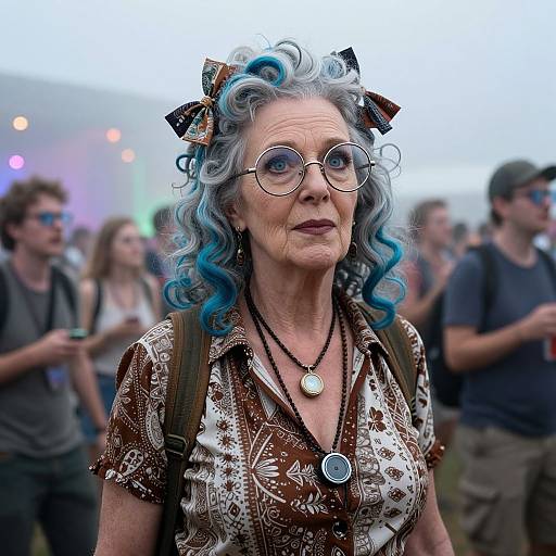 Photograph of an elderly woman with blue curly hair, glasses, and patterned brown shirt, wearing bows and pendants, surrounded by a blurred crowd
