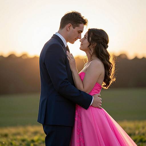 Photograph of a couple in a sunset field, man in black suit, woman in pink strapless dress, gazing lovingly at each other.