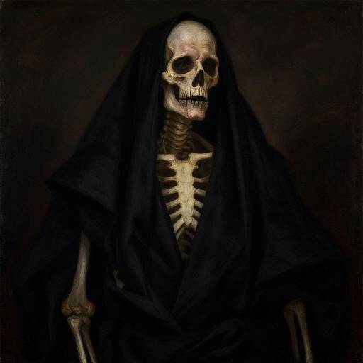 Digital artwork of a skeletal figure with a hooded black robe, exposing a glowing white ribcage against a dark, ominous background.