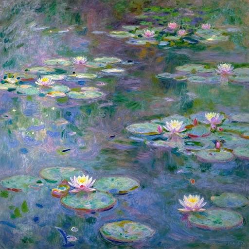 Impressionistic painting of a tranquil pond with vibrant pink and white water lilies floating on green lily pads, surrounded by a colorful, abstract reflection