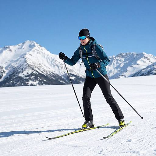 Photograph of a man cross-country skiing in bright sunlight, wearing a black beanie, blue jacket, black pants, and yellow ski boots, with