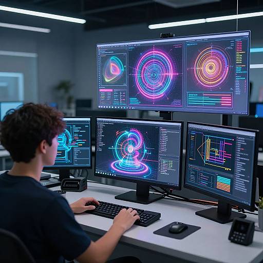 Photograph of a man with curly brown hair, seated at a desk, working on multiple neon-lit computer monitors displaying vibrant, colorful digital graphics and