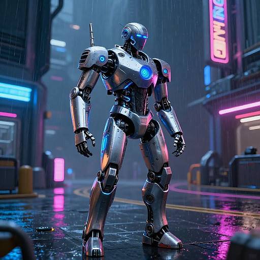 CGI image: Futuristic silver robot with glowing blue accents stands in a neon-lit, rainy cyberpunk city street, reflecting light on wet pavement
