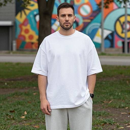Photograph of a bearded man with short dark hair, wearing a white T-shirt and beige pants, standing in front of colorful graffiti. Green grass