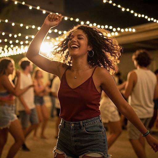 Joyful Woman Dancing Under String Lights