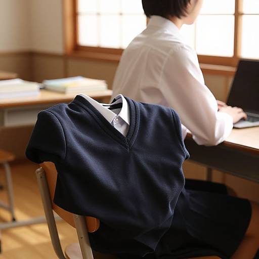 Photograph of a classroom: back view of a student in white shirt, black sweater draped over chair, working at desk, sunlight filtering through window.