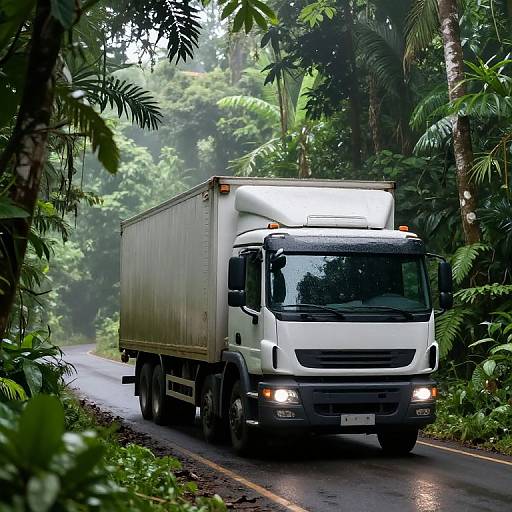 Photograph of a white semi-truck driving on a narrow, wet, forest road surrounded by dense, lush green foliage and trees.
