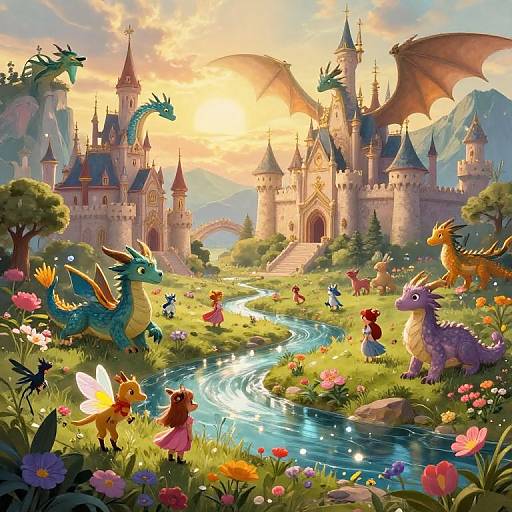 Fantastical digital painting of a vibrant castle landscape at sunset, featuring colorful dragons, fairy-like creatures, and children among blooming flowers beside a winding