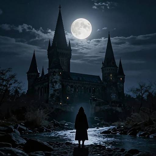 Moonlit Castle with Hooded Figure