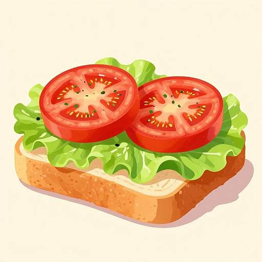Digital illustration of a sandwich with two red tomato slices, green lettuce, and orange bread on a white background.