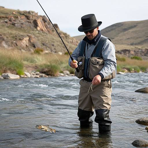 Photograph of a bearded man in a black hat, waders, and fishing vest, holding a fishing rod, standing in a rocky stream,